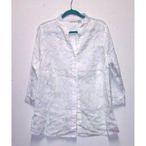 Tweeds 100% Linen Shirt Top Womens 1X White embroidered button up collared 3/4